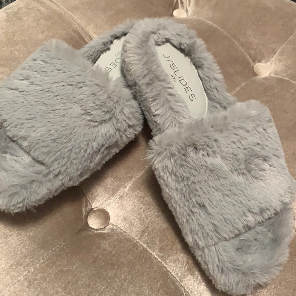 J/Slides black furry slippers, soft insole, new, 7